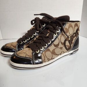 Coach 'Brendi' Signature Jacquard Chocolate Patent Leather Trim High Tops Sz 8